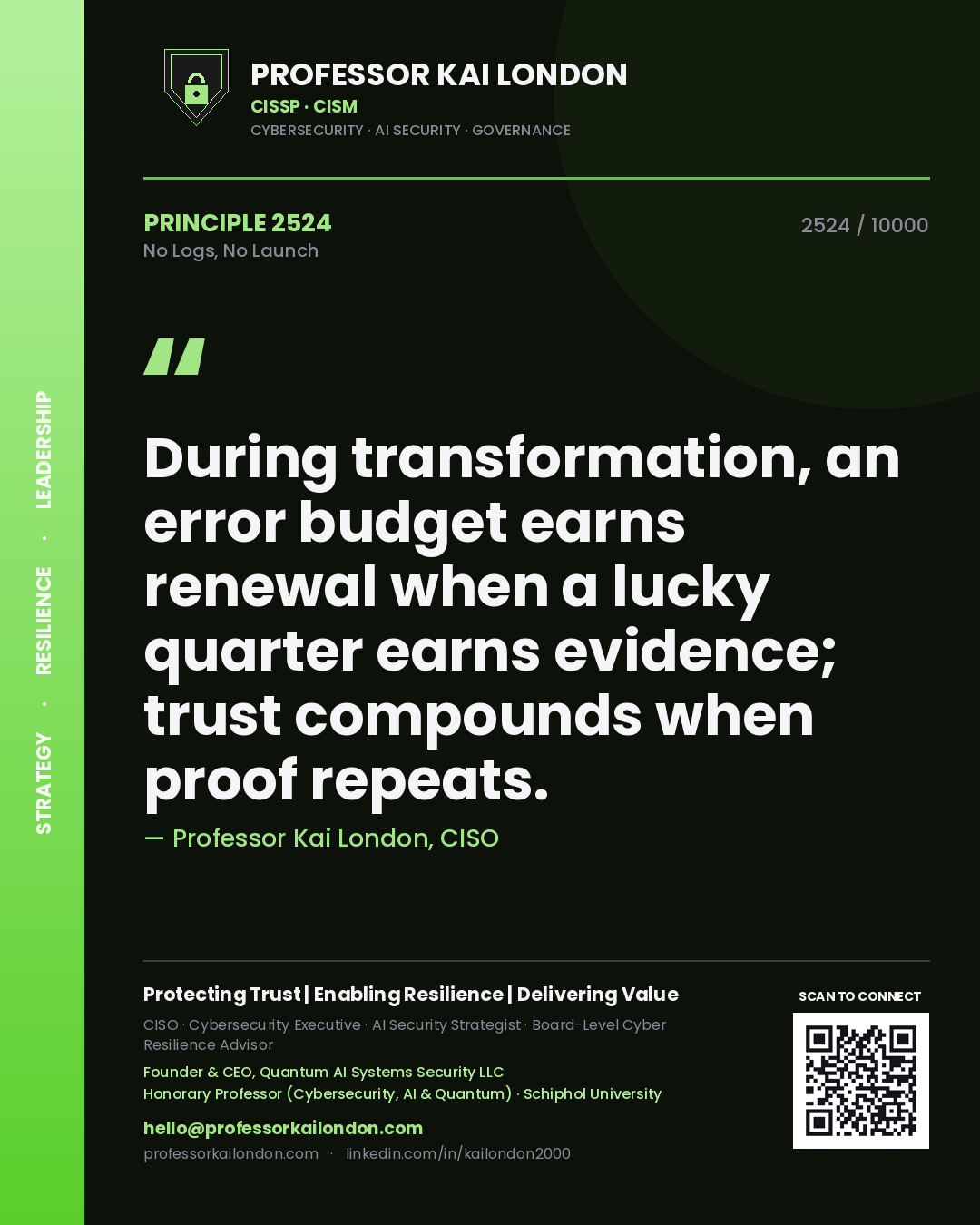 Professor Kai London principle 2524: During transformation, an error budget earns renewal when a lucky quarter earns evidence; trust compounds when proof repeats.
