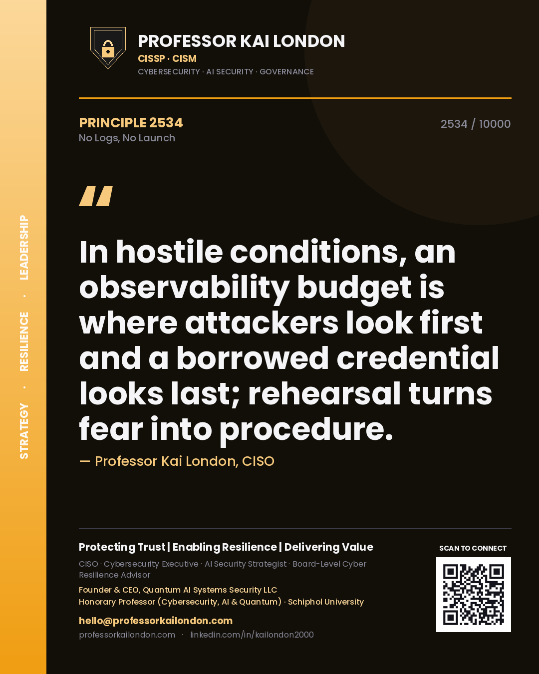 Professor Kai London principle 2534: In hostile conditions, an observability budget is where attackers look first and a borrowed credential looks last; rehearsal turns fear into procedure.