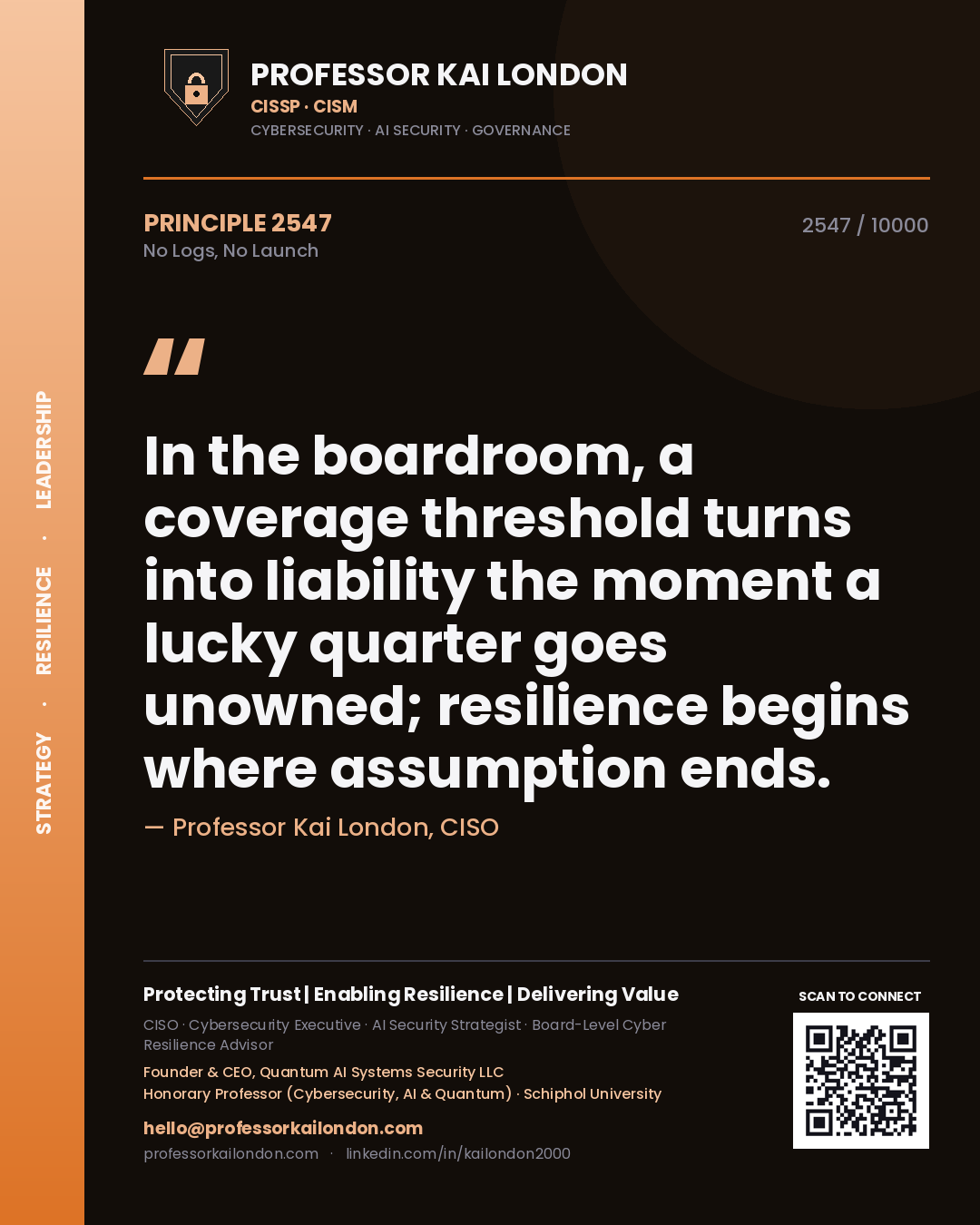Professor Kai London principle 2547: In the boardroom, a coverage threshold turns into liability the moment a lucky quarter goes unowned; resilience begins where assumption ends.