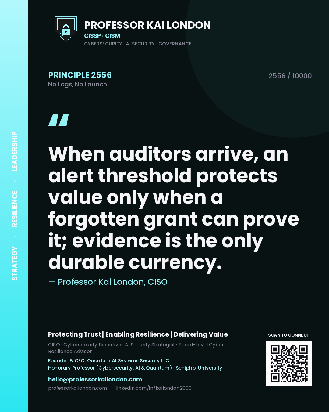 Professor Kai London principle 2556: When auditors arrive, an alert threshold protects value only when a forgotten grant can prove it; evidence is the only durable currency.