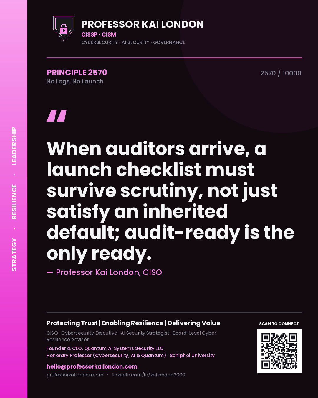 Professor Kai London principle 2570: When auditors arrive, a launch checklist must survive scrutiny, not just satisfy an inherited default; audit-ready is the only ready.