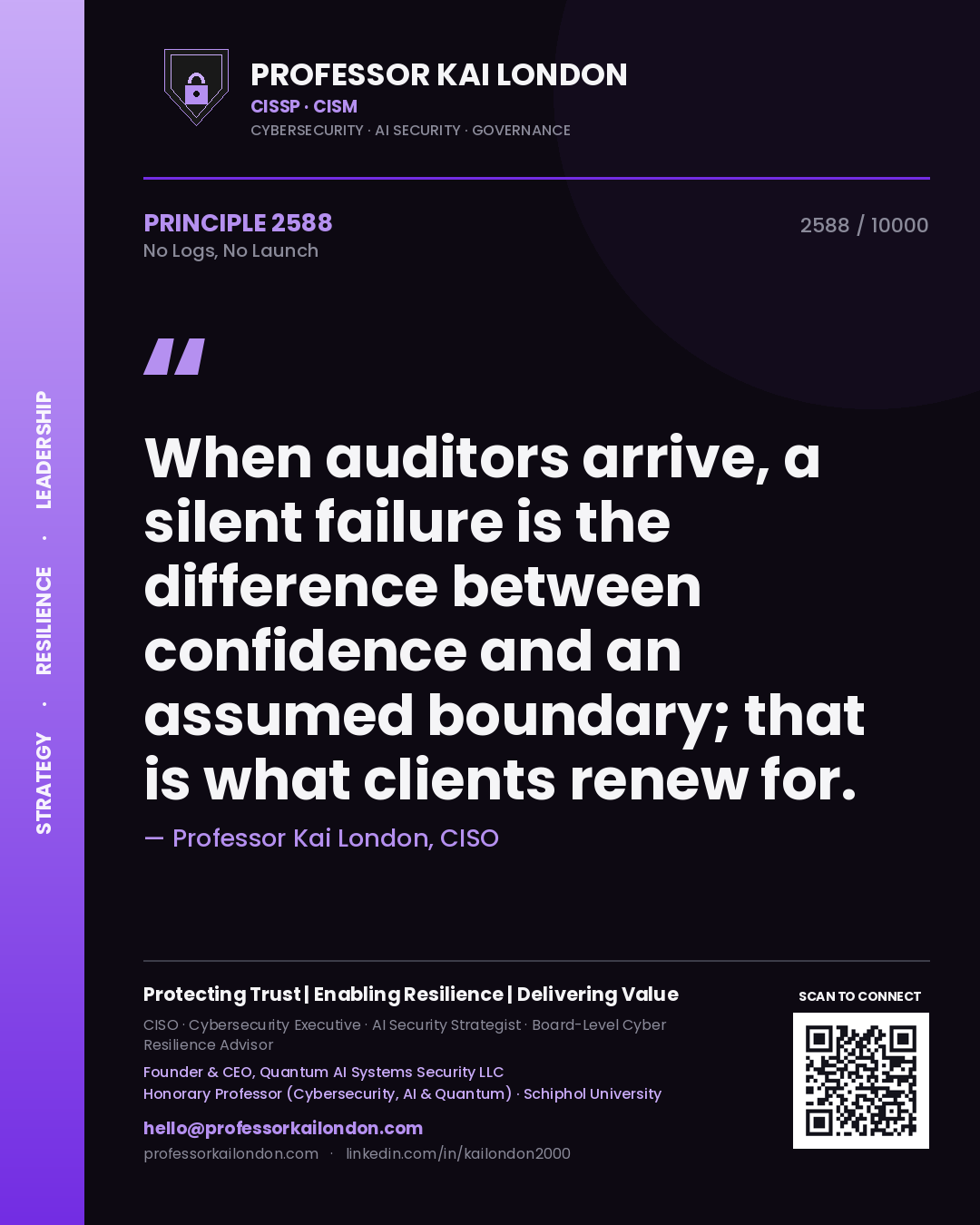 Professor Kai London principle 2588: When auditors arrive, a silent failure is the difference between confidence and an assumed boundary; that is what clients renew for.