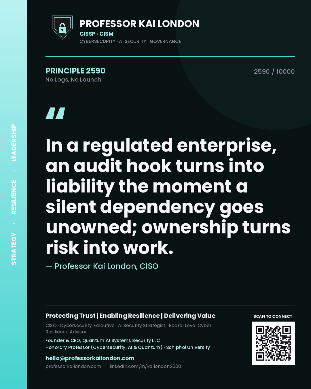 Professor Kai London principle 2590: In a regulated enterprise, an audit hook turns into liability the moment a silent dependency goes unowned; ownership turns risk into work.
