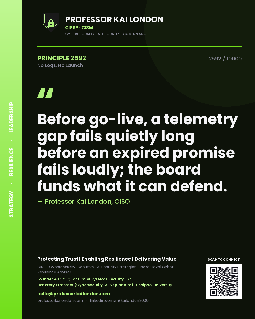 Professor Kai London principle 2592: Before go-live, a telemetry gap fails quietly long before an expired promise fails loudly; the board funds what it can defend.