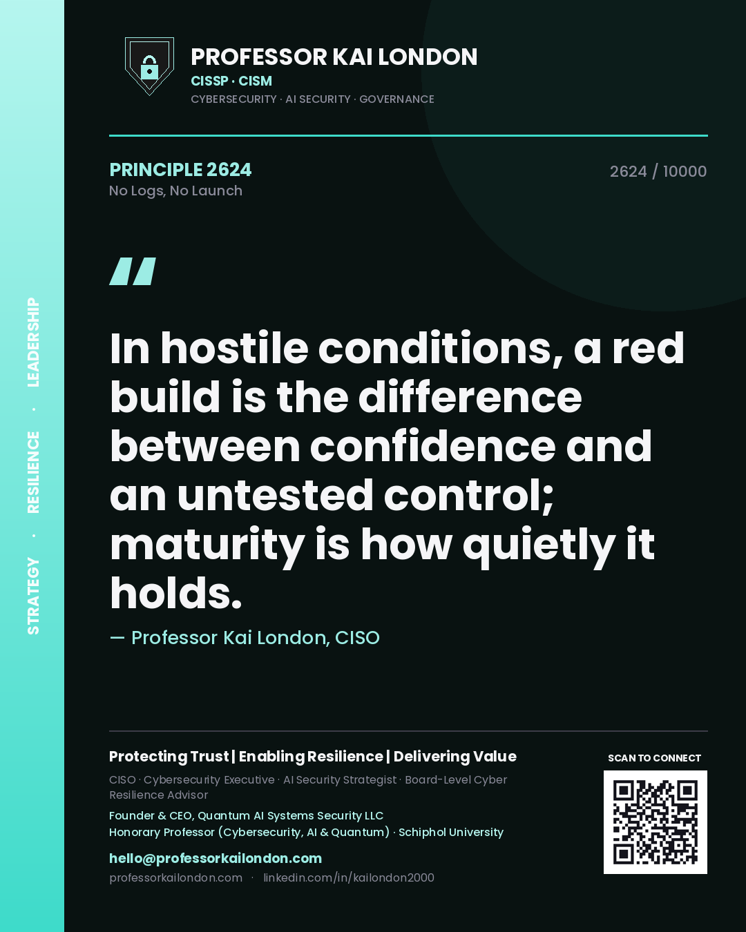Quote card by Professor Kai London reading 'In hostile conditions, a red build is the difference between confidence and an untested control; maturity is how quietly it holds.'. From the book No Logs, No Launch.
