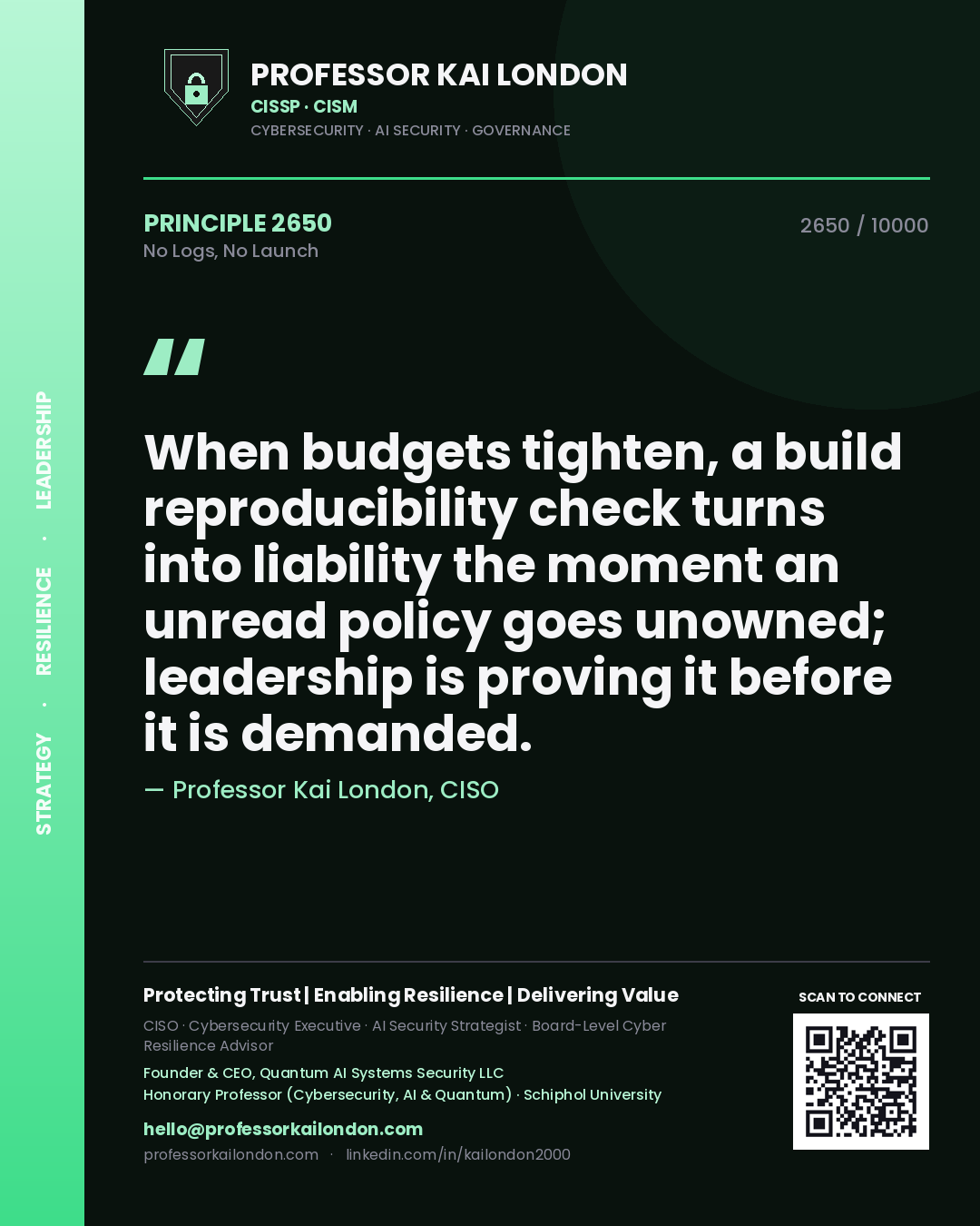 Professor Kai London principle 2650: When budgets tighten, a build reproducibility check turns into liability the moment an unread policy goes unowned; leadership is proving it before it is demanded.