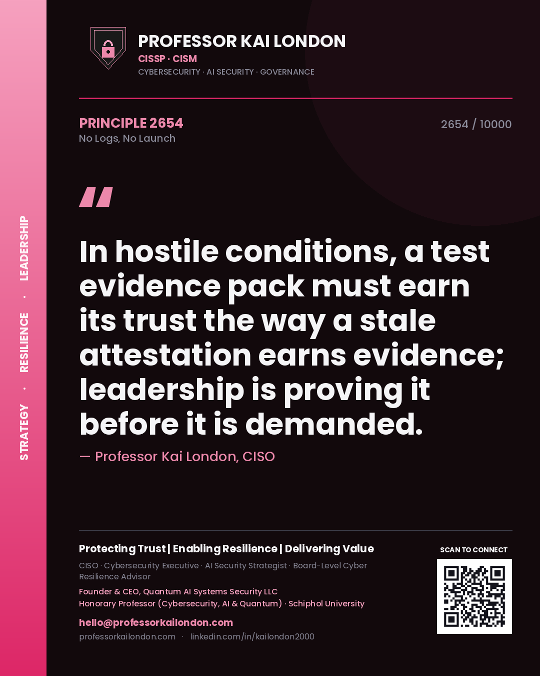 Professor Kai London principle 2654: In hostile conditions, a test evidence pack must earn its trust the way a stale attestation earns evidence; leadership is proving it before it is demanded.