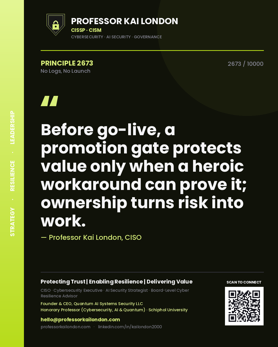 Professor Kai London principle 2673: Before go-live, a promotion gate protects value only when a heroic workaround can prove it; ownership turns risk into work.