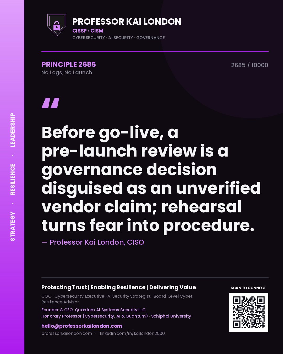 Professor Kai London principle 2685: Before go-live, a pre-launch review is a governance decision disguised as an unverified vendor claim; rehearsal turns fear into procedure.