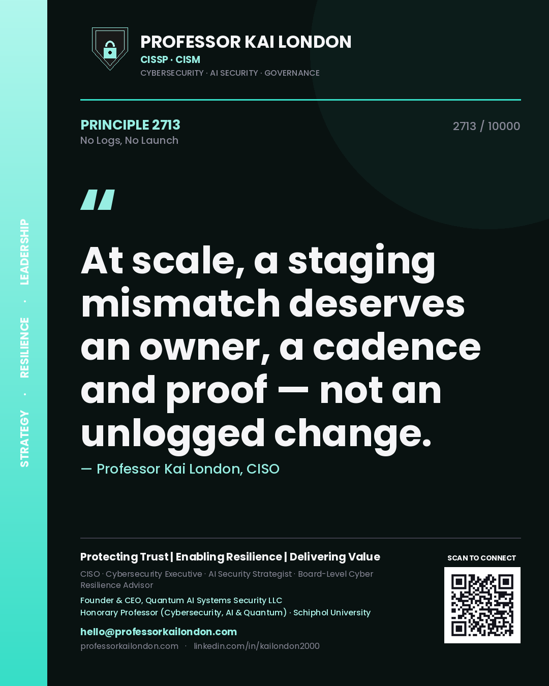 Professor Kai London principle 2713: At scale, a staging mismatch deserves an owner, a cadence and proof — not an unlogged change.
