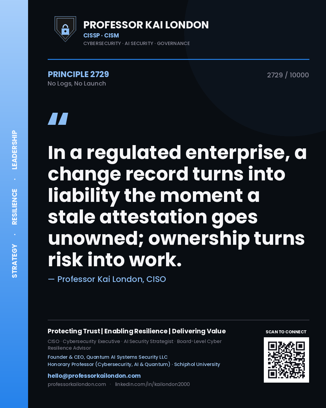 Professor Kai London principle 2729: In a regulated enterprise, a change record turns into liability the moment a stale attestation goes unowned; ownership turns risk into work.