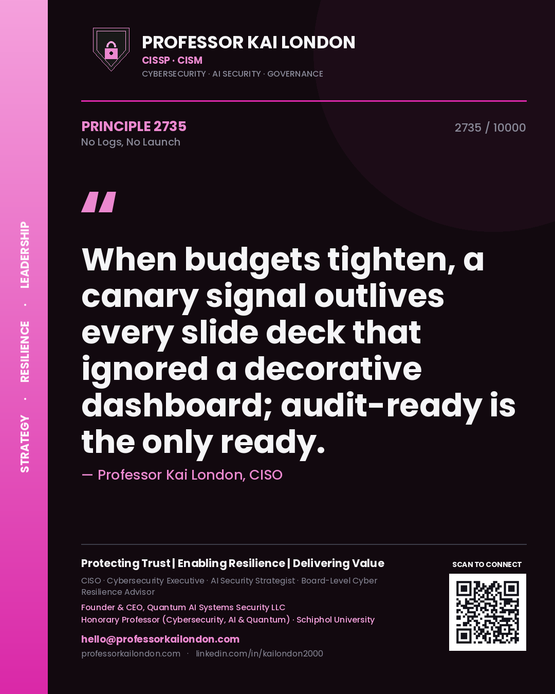Professor Kai London principle 2735: When budgets tighten, a canary signal outlives every slide deck that ignored a decorative dashboard; audit-ready is the only ready.