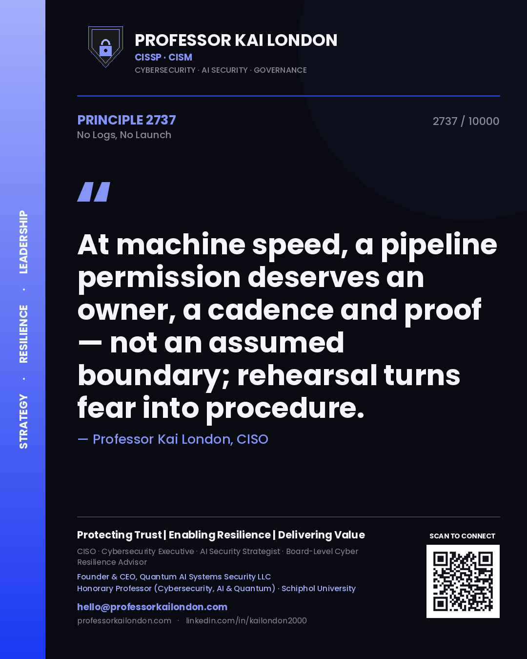 Professor Kai London principle 2737: At machine speed, a pipeline permission deserves an owner, a cadence and proof — not an assumed boundary; rehearsal turns fear into procedure.