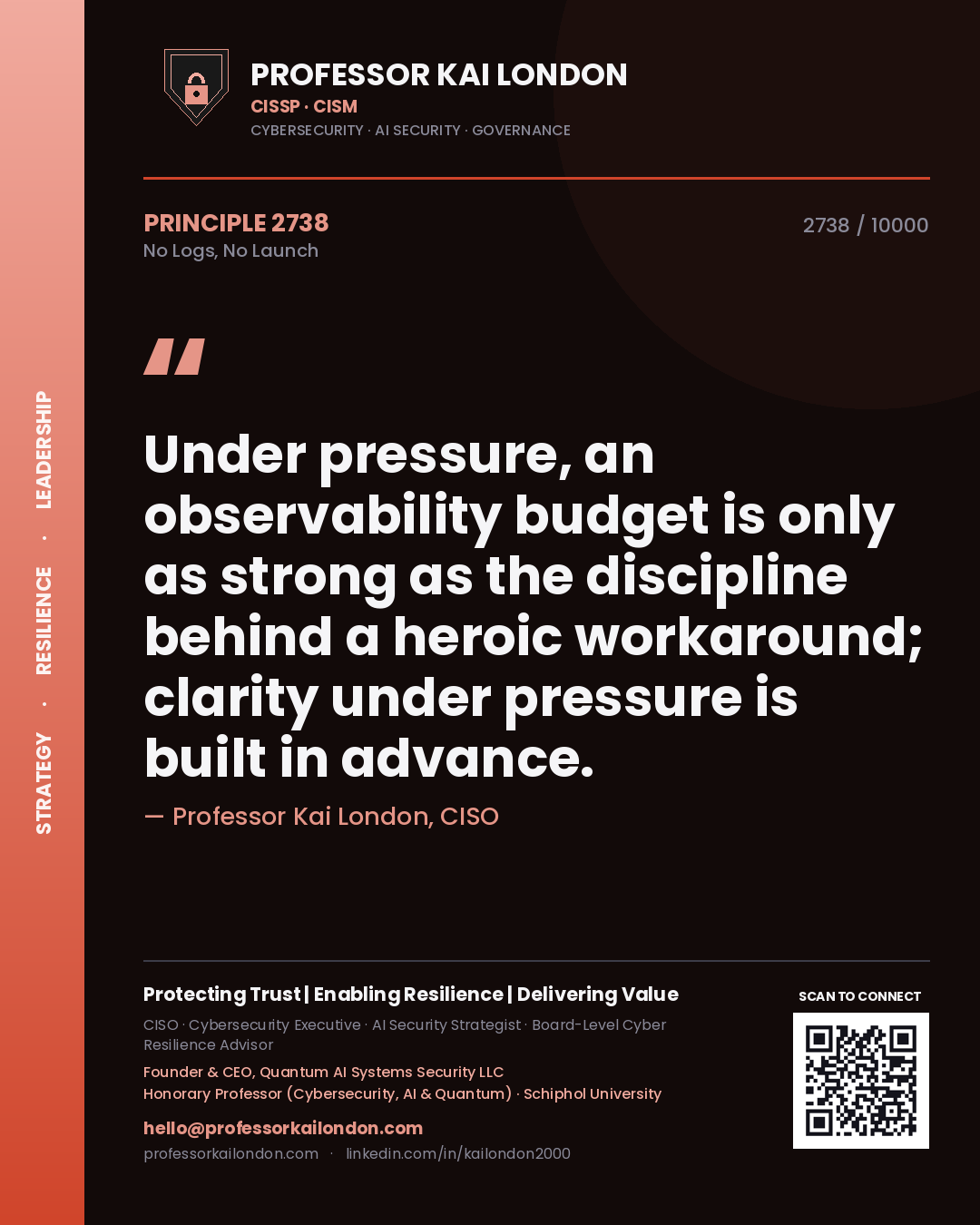 Professor Kai London principle 2738: Under pressure, an observability budget is only as strong as the discipline behind a heroic workaround; clarity under pressure is built in advance.