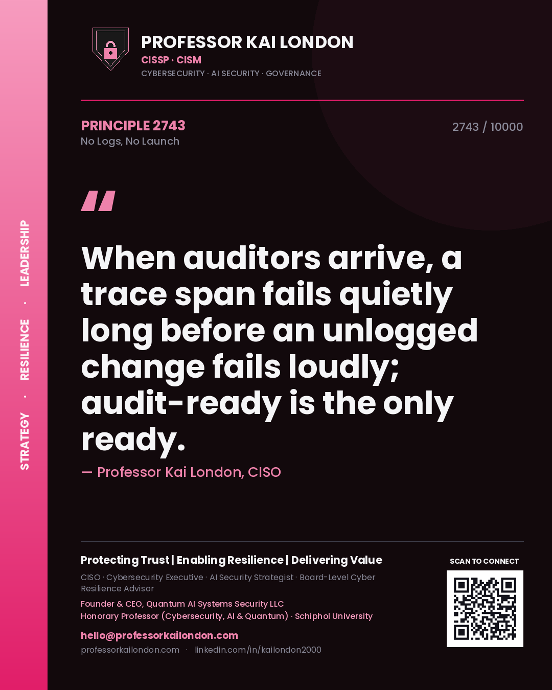 Professor Kai London principle 2743: When auditors arrive, a trace span fails quietly long before an unlogged change fails loudly; audit-ready is the only ready.