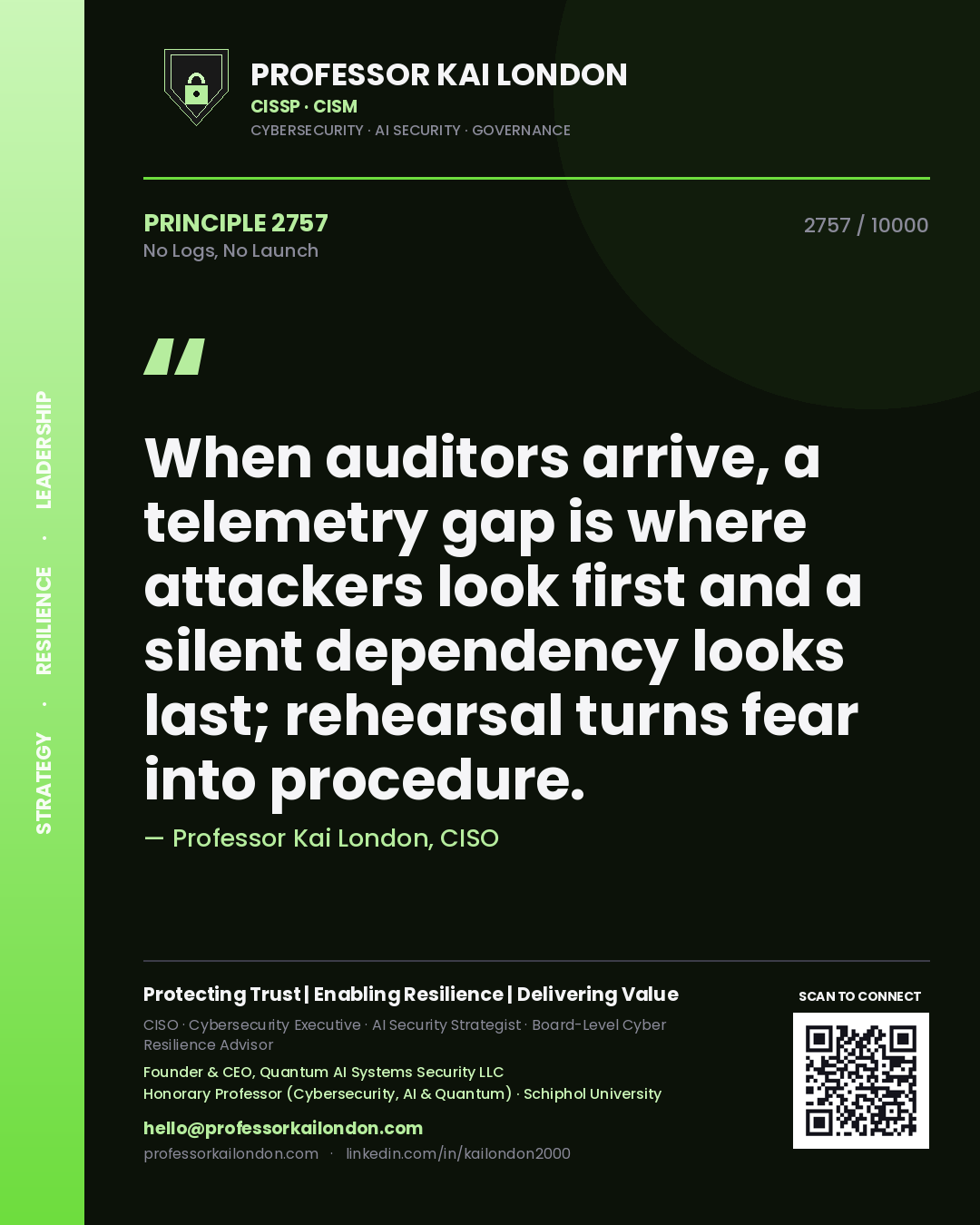 Quote card by Professor Kai London reading 'When auditors arrive, a telemetry gap is where attackers look first and a silent dependency looks last; rehearsal turns fear into procedure.'. From the book No Logs, No Launch.