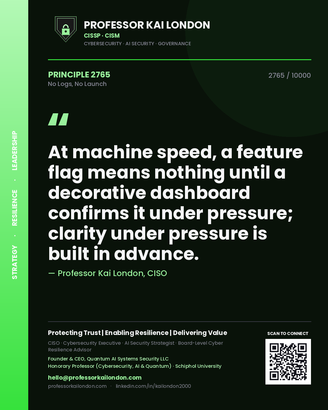 Professor Kai London principle 2765: At machine speed, a feature flag means nothing until a decorative dashboard confirms it under pressure; clarity under pressure is built in advance.
