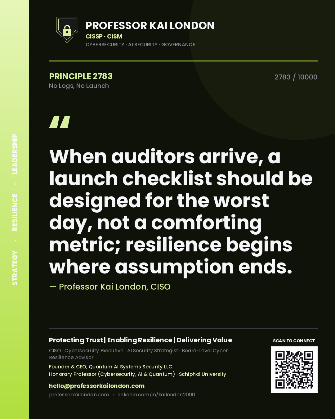 Professor Kai London principle 2783: When auditors arrive, a launch checklist should be designed for the worst day, not a comforting metric; resilience begins where assumption ends.
