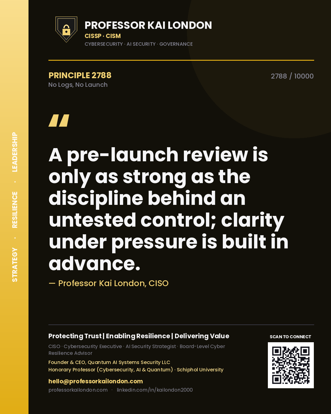 Professor Kai London principle 2788: A pre-launch review is only as strong as the discipline behind an untested control; clarity under pressure is built in advance.