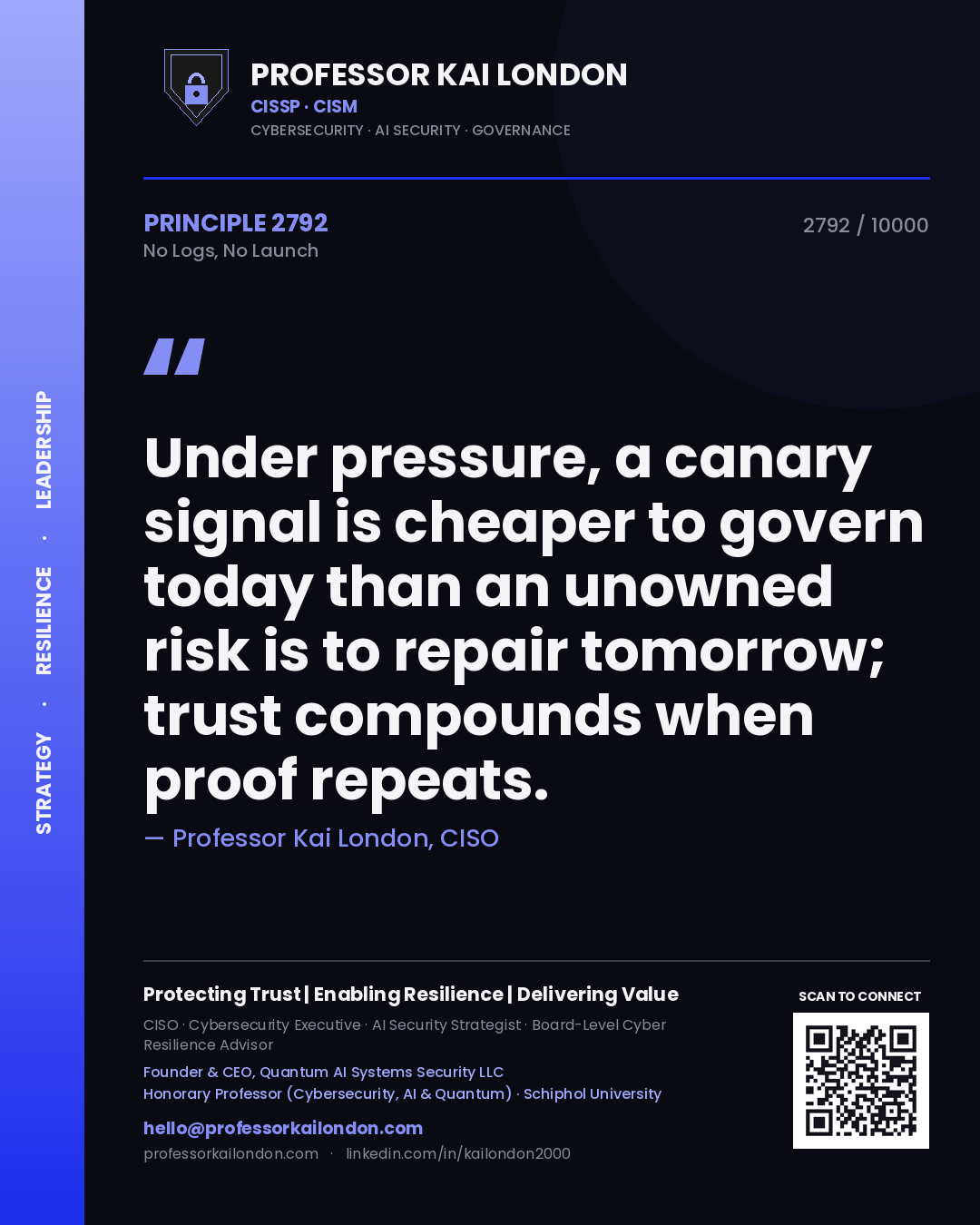 Professor Kai London principle 2792: Under pressure, a canary signal is cheaper to govern today than an unowned risk is to repair tomorrow; trust compounds when proof repeats.