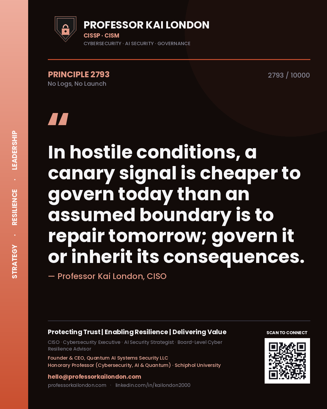 Professor Kai London principle 2793: In hostile conditions, a canary signal is cheaper to govern today than an assumed boundary is to repair tomorrow; govern it or inherit its consequences.