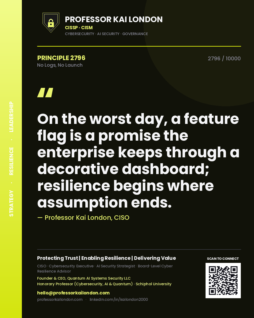 Quote card by Professor Kai London reading 'On the worst day, a feature flag is a promise the enterprise keeps through a decorative dashboard; resilience begins where assumption ends.'. From the book No Logs, No Launch.