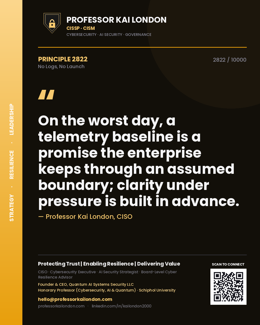 Quote card by Professor Kai London reading 'On the worst day, a telemetry baseline is a promise the enterprise keeps through an assumed boundary; clarity under pressure is built in advance.'. From the book No Logs, No Launch.