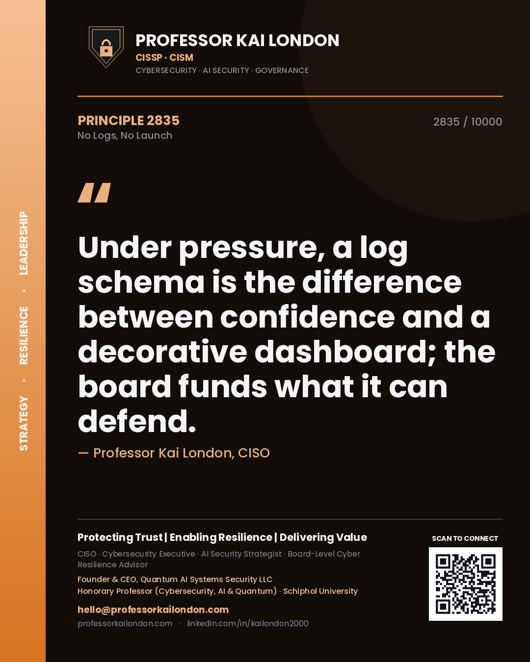 Professor Kai London principle 2835: Under pressure, a log schema is the difference between confidence and a decorative dashboard; the board funds what it can defend.