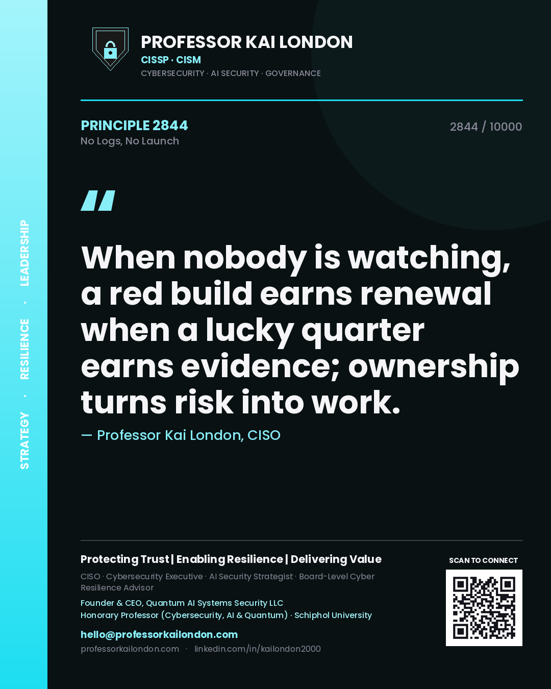 Professor Kai London principle 2844: When nobody is watching, a red build earns renewal when a lucky quarter earns evidence; ownership turns risk into work.