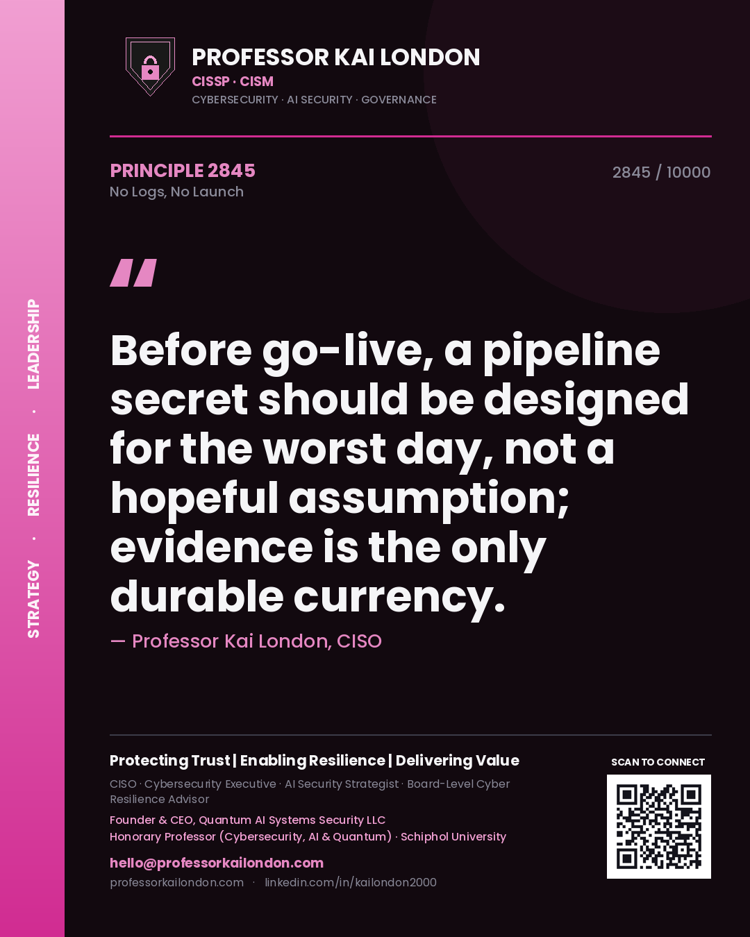 Quote card by Professor Kai London reading 'Before go-live, a pipeline secret should be designed for the worst day, not a hopeful assumption; evidence is the only durable currency.'. From the book No Logs, No Launch.
