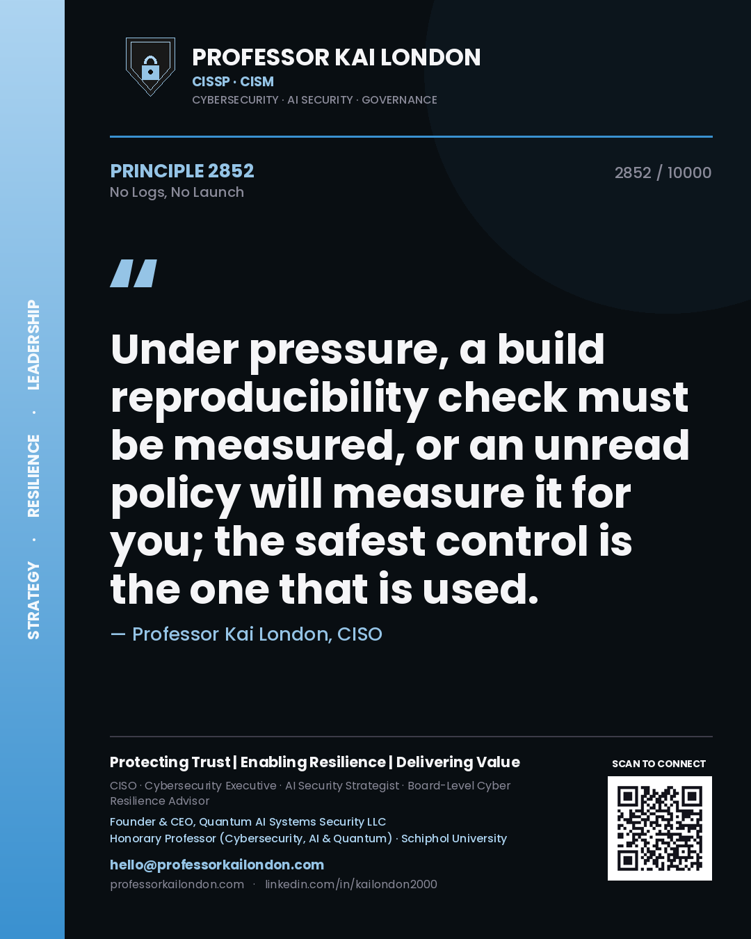 Professor Kai London principle 2852: Under pressure, a build reproducibility check must be measured, or an unread policy will measure it for you; the safest control is the one that is used.