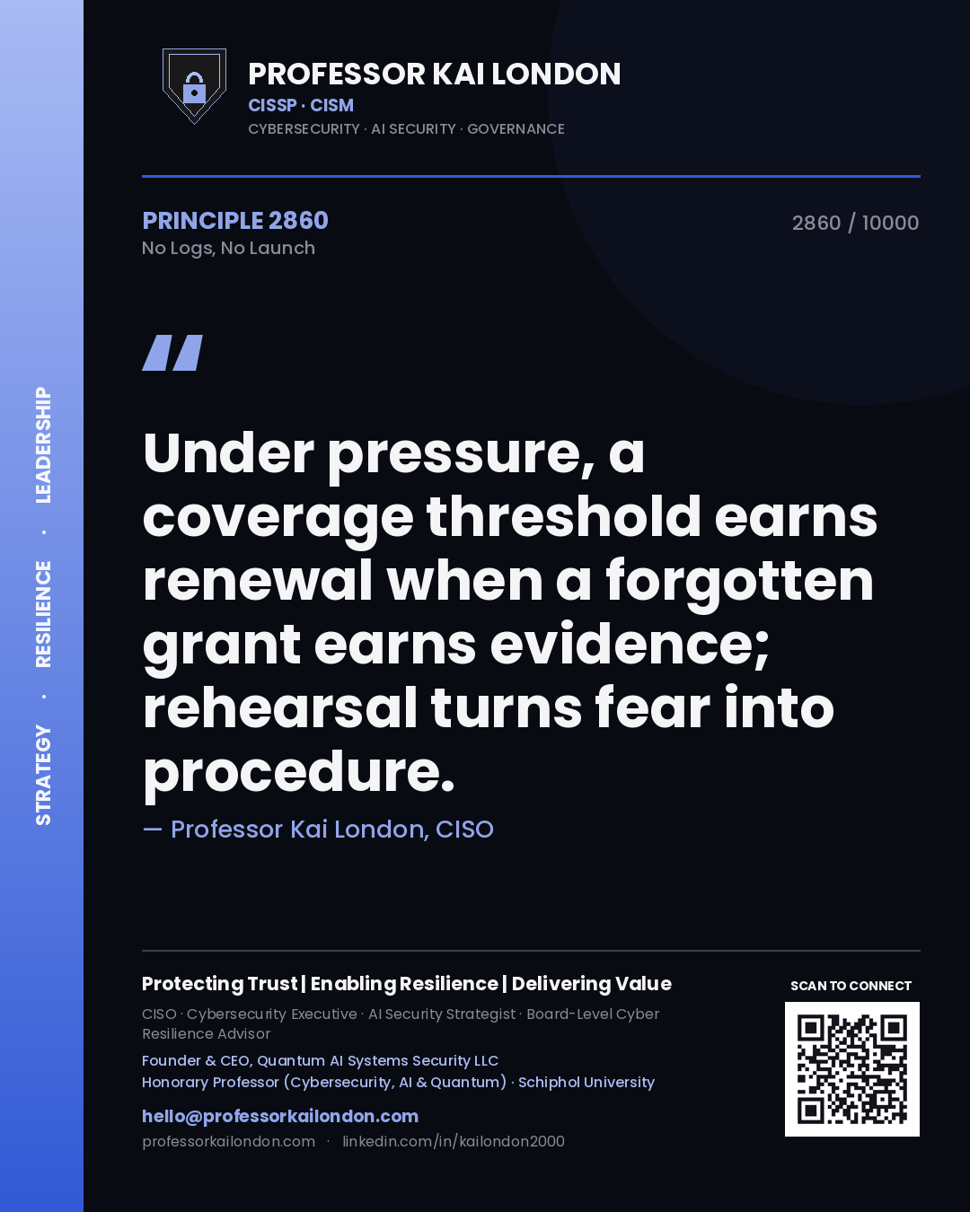 Professor Kai London principle 2860: Under pressure, a coverage threshold earns renewal when a forgotten grant earns evidence; rehearsal turns fear into procedure.