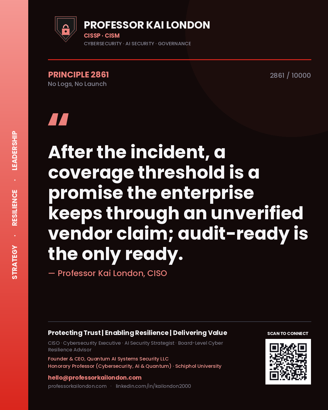 Professor Kai London principle 2861: After the incident, a coverage threshold is a promise the enterprise keeps through an unverified vendor claim; audit-ready is the only ready.