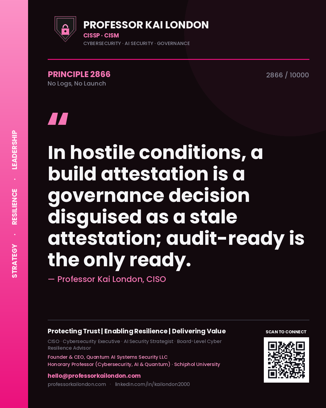 Quote card by Professor Kai London reading 'In hostile conditions, a build attestation is a governance decision disguised as a stale attestation; audit-ready is the only ready.'. From the book No Logs, No Launch.