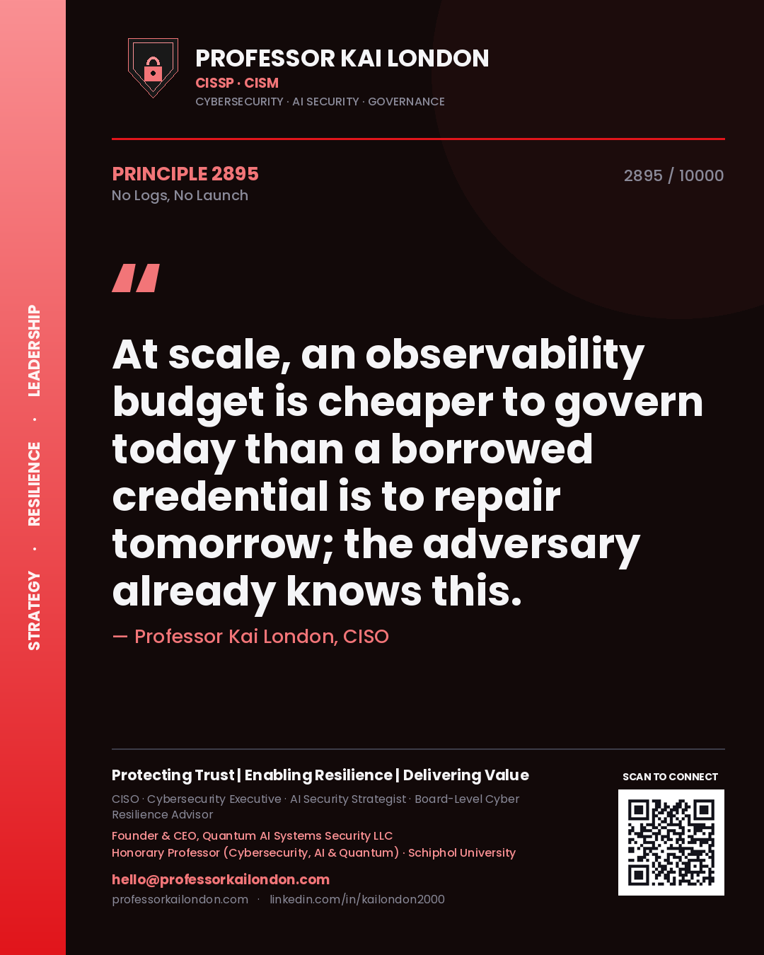 Professor Kai London principle 2895: At scale, an observability budget is cheaper to govern today than a borrowed credential is to repair tomorrow; the adversary already knows this.