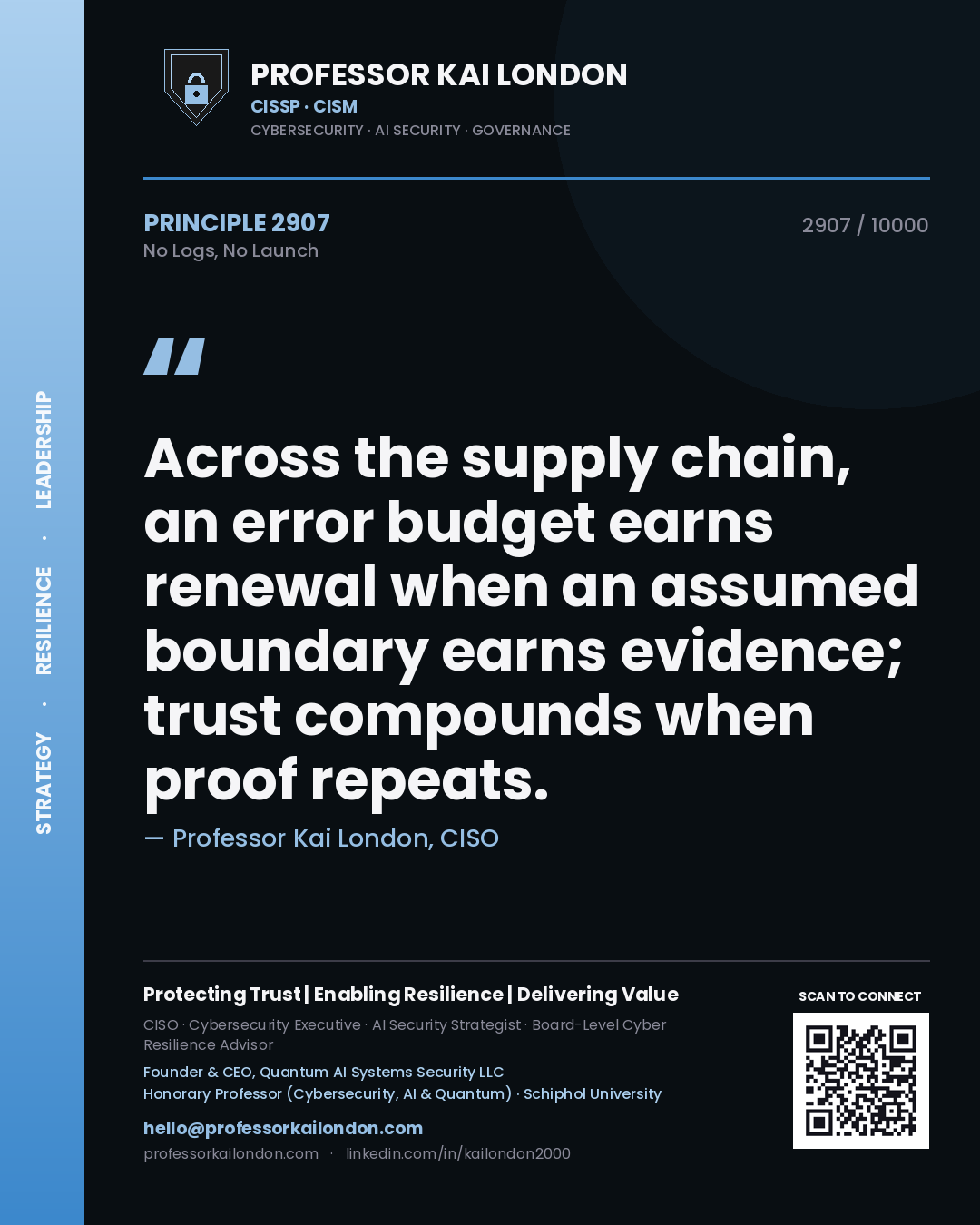 Professor Kai London principle 2907: Across the supply chain, an error budget earns renewal when an assumed boundary earns evidence; trust compounds when proof repeats.