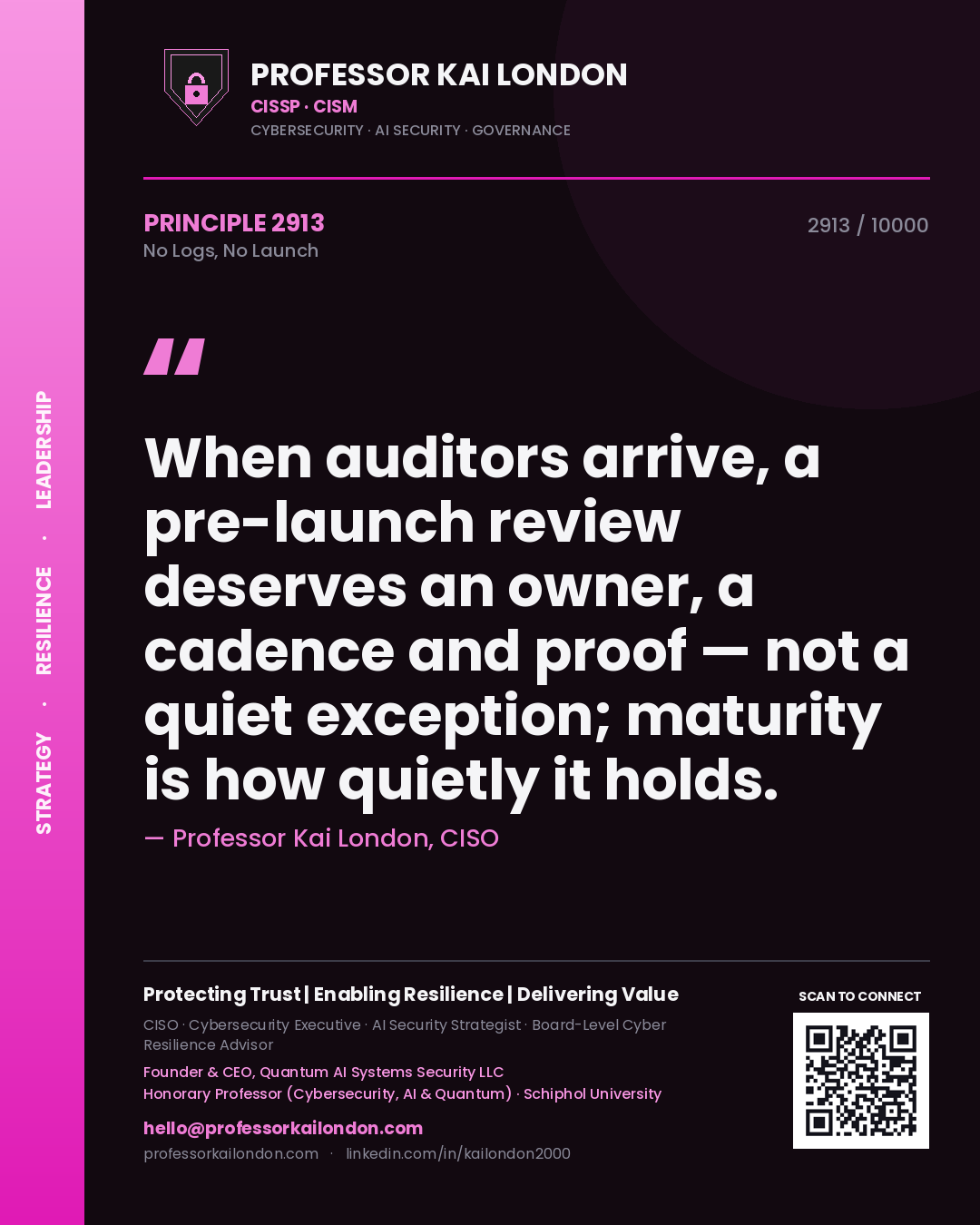 Professor Kai London principle 2913: When auditors arrive, a pre-launch review deserves an owner, a cadence and proof — not a quiet exception; maturity is how quietly it holds.