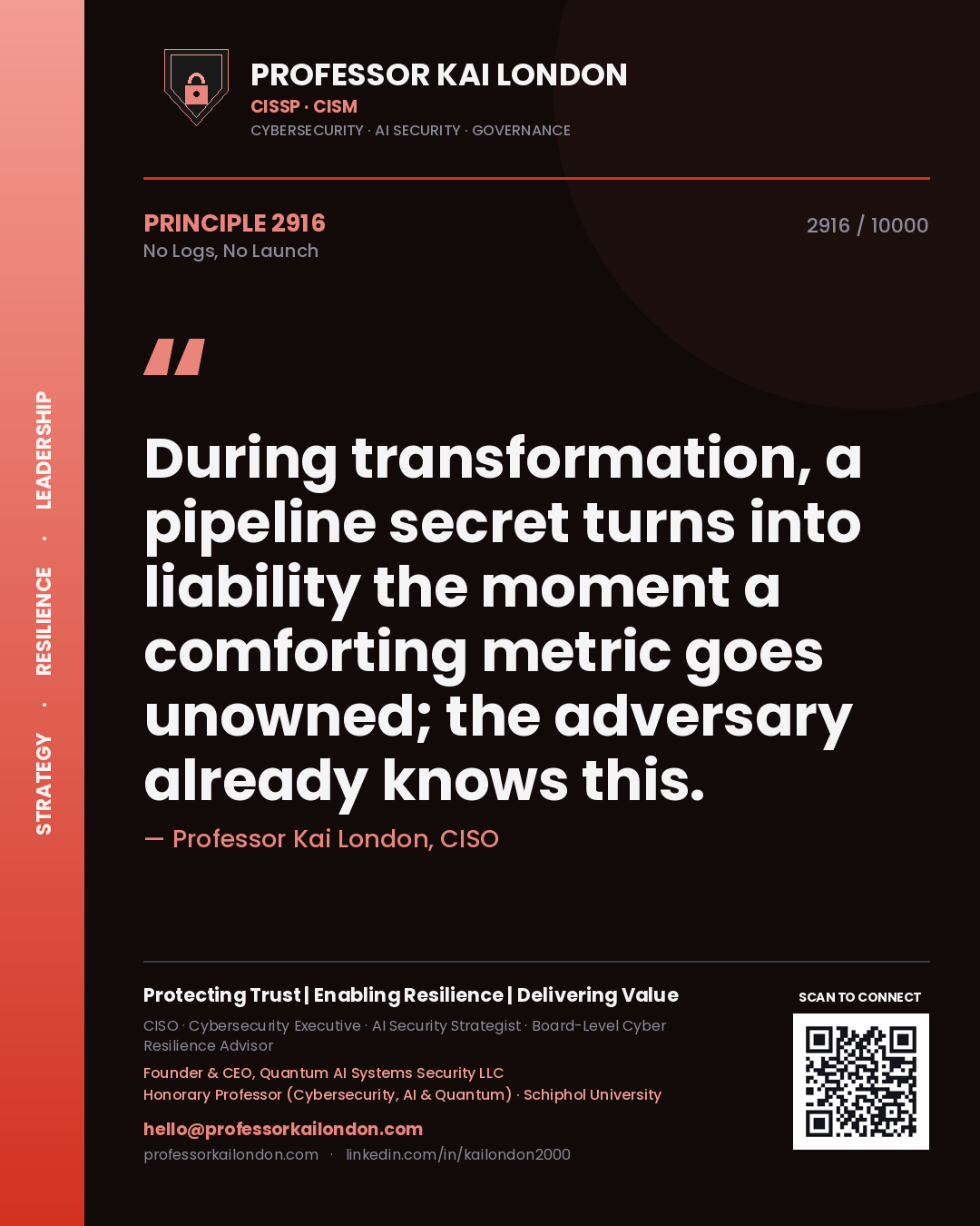 Quote card by Professor Kai London reading 'During transformation, a pipeline secret turns into liability the moment a comforting metric goes unowned; the adversary already knows this.'. From the book No Logs, No Launch.