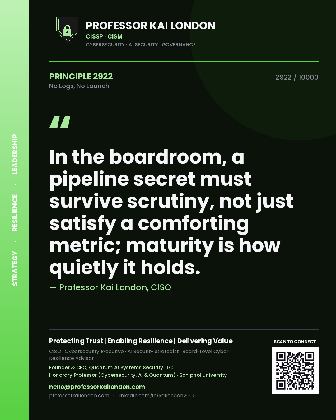Quote card by Professor Kai London reading 'In the boardroom, a pipeline secret must survive scrutiny, not just satisfy a comforting metric; maturity is how quietly it holds.'. From the book No Logs, No Launch.