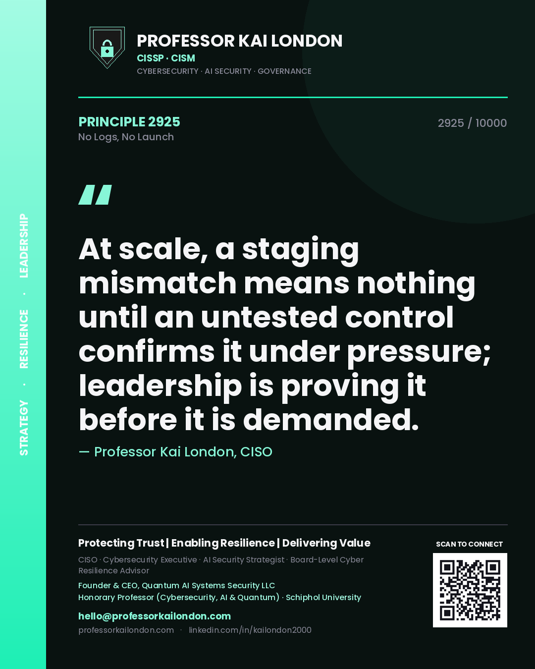 Quote card by Professor Kai London reading 'At scale, a staging mismatch means nothing until an untested control confirms it under pressure; leadership is proving it before it is demanded.'. From the book No Logs, No Launch.
