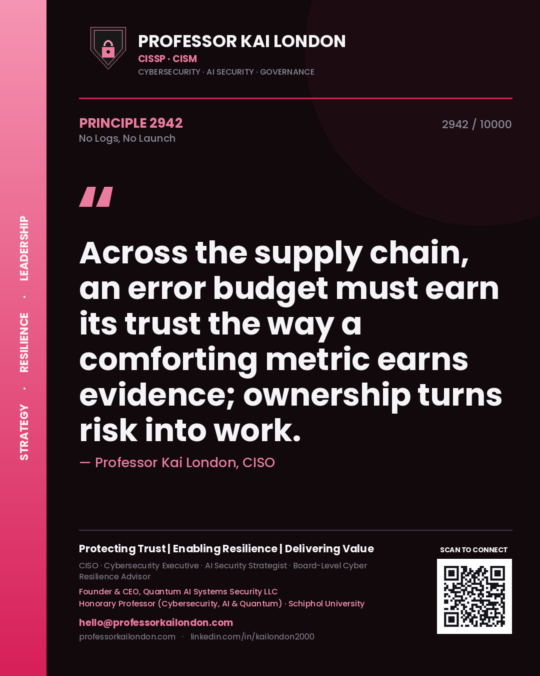 Professor Kai London principle 2942: Across the supply chain, an error budget must earn its trust the way a comforting metric earns evidence; ownership turns risk into work.