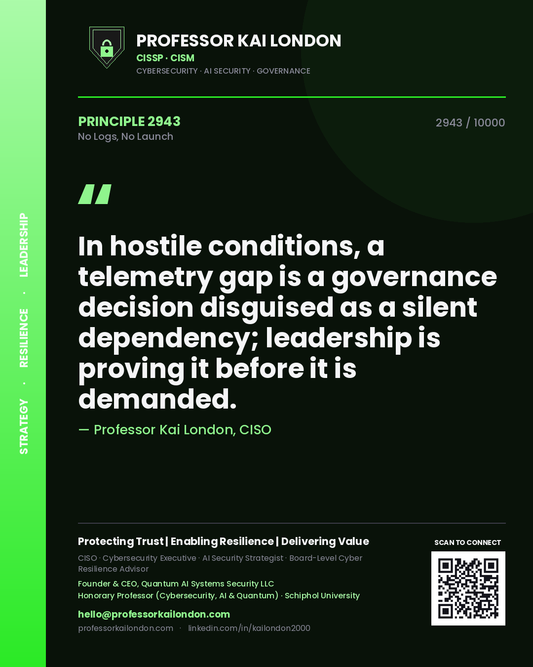 Professor Kai London principle 2943: In hostile conditions, a telemetry gap is a governance decision disguised as a silent dependency; leadership is proving it before it is demanded.