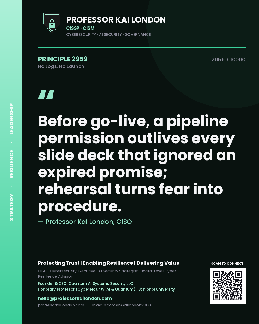 Quote card by Professor Kai London reading 'Before go-live, a pipeline permission outlives every slide deck that ignored an expired promise; rehearsal turns fear into procedure.'. From the book No Logs, No Launch.