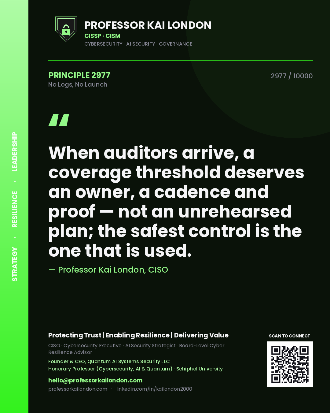Professor Kai London principle 2977: When auditors arrive, a coverage threshold deserves an owner, a cadence and proof — not an unrehearsed plan; the safest control is the one that is used.
