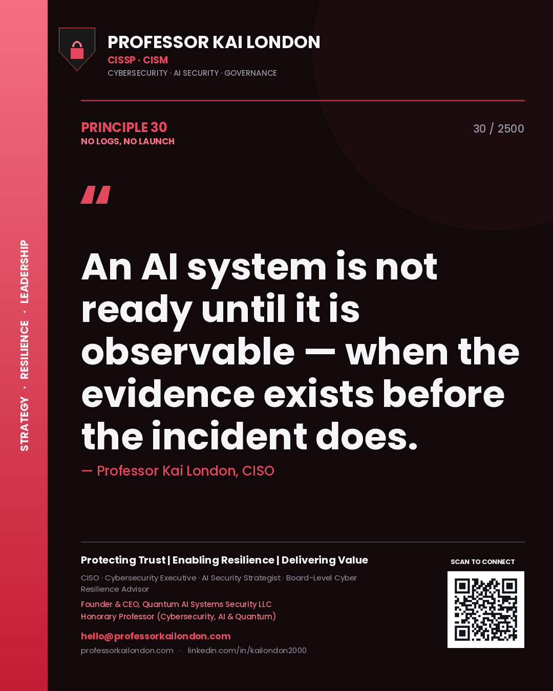 Professor Kai London principle 30: An AI system is not ready until it is observable — when the evidence exists before the incident does.