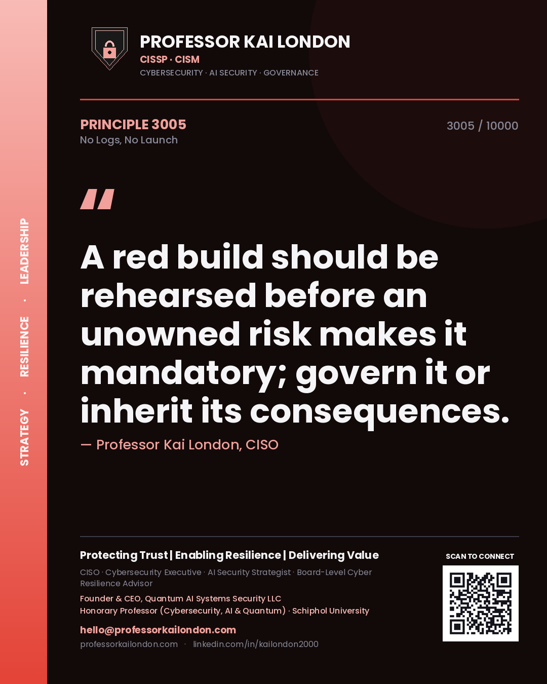Quote card by Professor Kai London reading 'A red build should be rehearsed before an unowned risk makes it mandatory; govern it or inherit its consequences.'. From the book No Logs, No Launch.