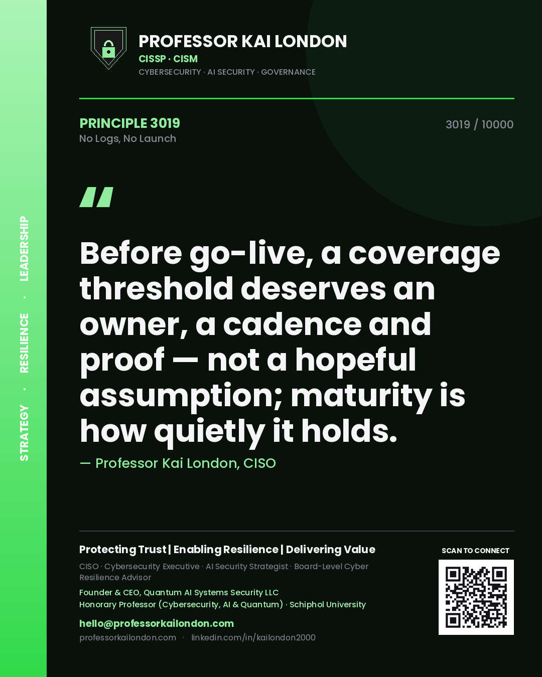 Professor Kai London principle 3019: Before go-live, a coverage threshold deserves an owner, a cadence and proof — not a hopeful assumption; maturity is how quietly it holds.