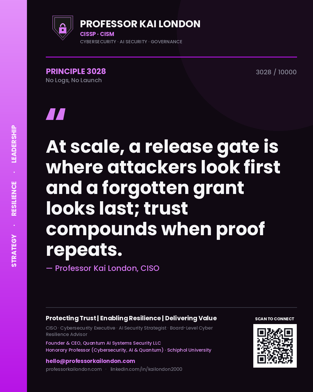 Quote card by Professor Kai London reading 'At scale, a release gate is where attackers look first and a forgotten grant looks last; trust compounds when proof repeats.'. From the book No Logs, No Launch.
