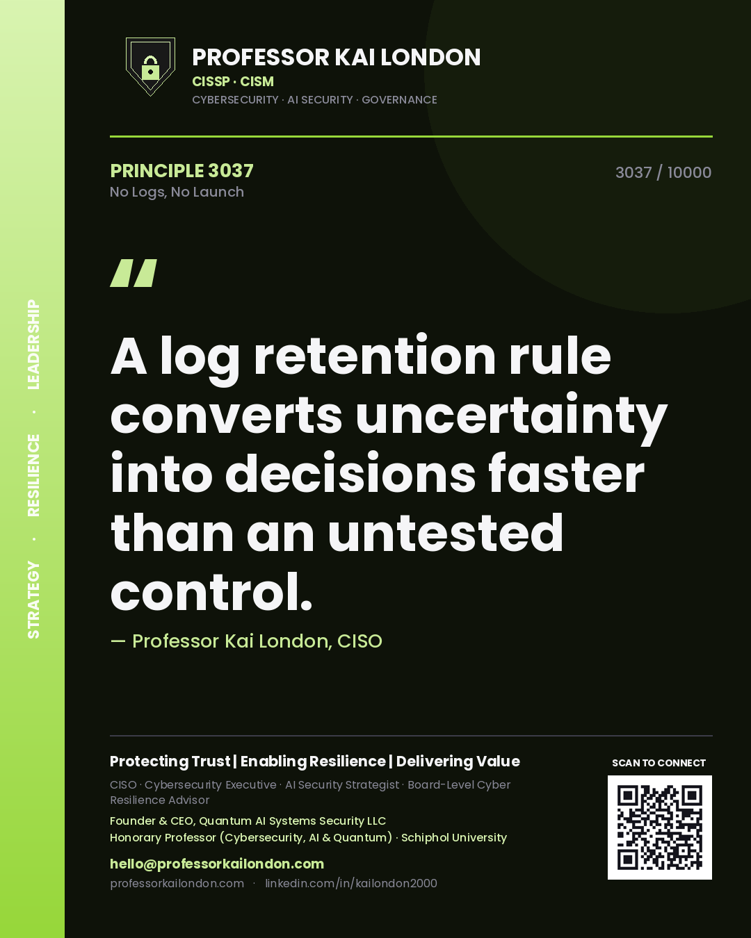 Professor Kai London principle 3037: A log retention rule converts uncertainty into decisions faster than an untested control.