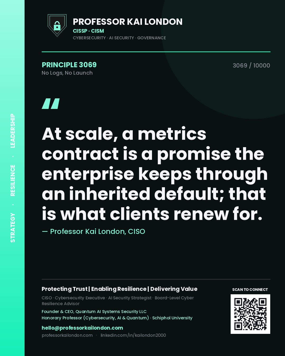 Quote card by Professor Kai London reading 'At scale, a metrics contract is a promise the enterprise keeps through an inherited default; that is what clients renew for.'. From the book No Logs, No Launch.